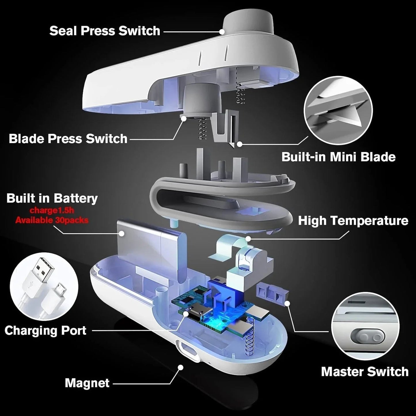 Portable Mini Sealing Machine 2 in 1 USB Rechargeable Magnetic Bag Sealer Heat Seal with Cutter